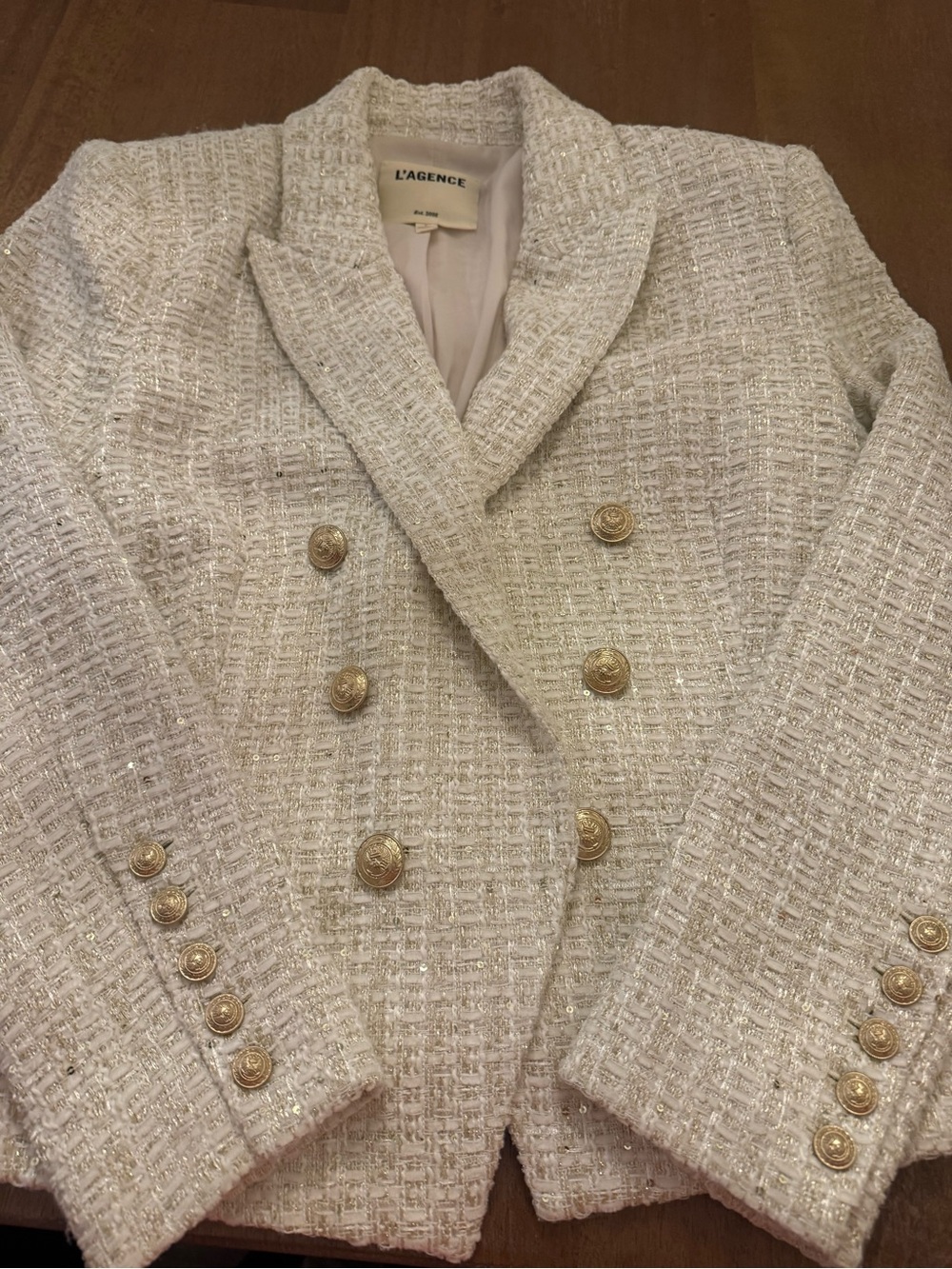 L'AGENCE Cream Tweed Double-Breasted Blazer with Gold Buttons